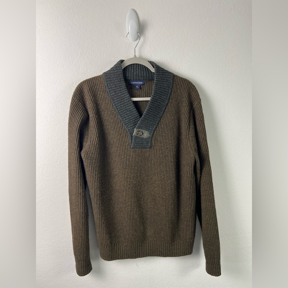 Land’s End Merino Wool Classic Gray & Brown Shaw Collar Winter Fall Sweater